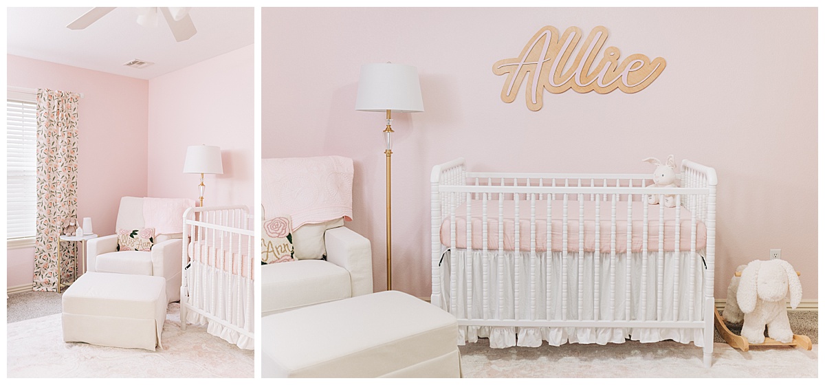 Photo of baby bed and chair in beautiful in home nursery taken by grace Starr a northwest Arkansas newborn photographer
