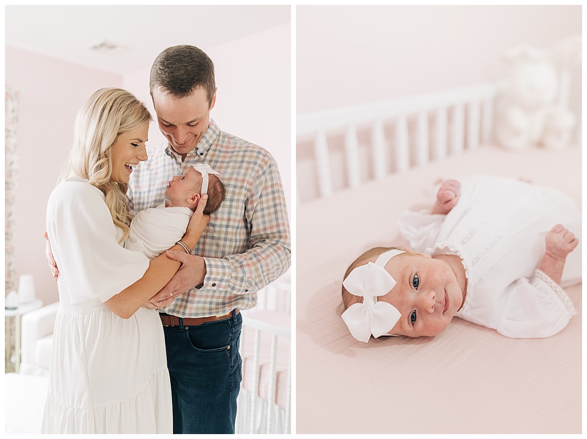 photo of mom dad and newborn baby in beautiful pink and white nursery taken by northwest Arkansas photographer grace Starr photography 