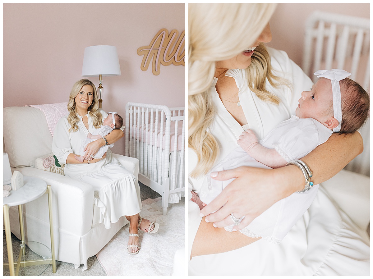 Photo of mom holding newborn baby in beautiful white clothes taken by Fayetteville photographer grace Starr photography 